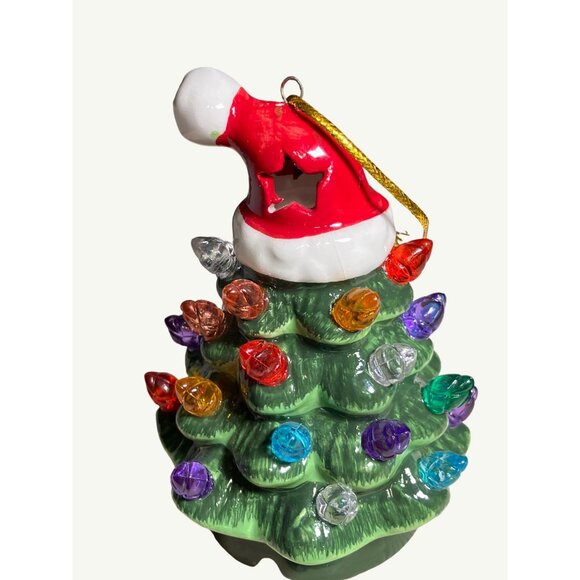 Mini Christmas Tree Ornament W/ Santa Hat Multicolor Bulbs 4." Tall Lights Up - Picture 9 of 9